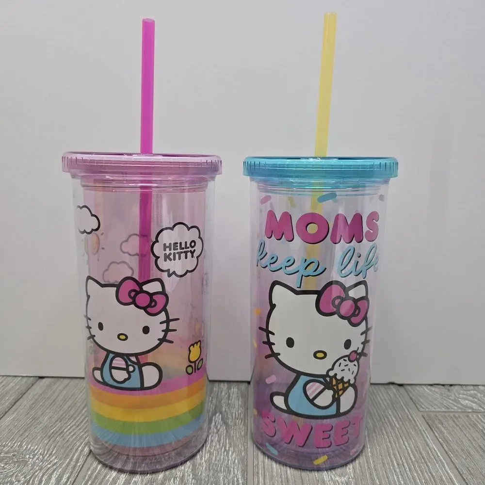 Pair Of Hello Kitty Pink And Blue Travel Tumblers / Cups Lid 20oz